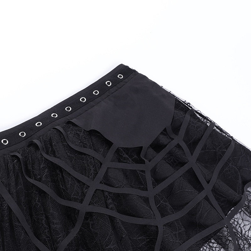 Goth Dark Spider Web Punk Mesh Tassel Mini Skirts Mall Gothic Grunge High Waist A-line Skirt For Women Eyelet Party Clothes