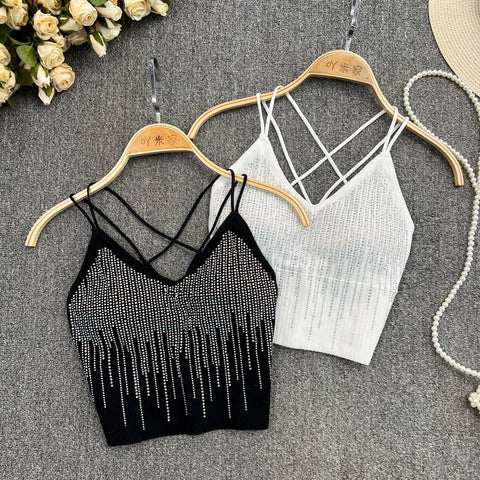 Chic Glitter Sequin Camis Sexy Backless Fashion Tank Top Slim Corset Bustier Bra Basic Straps Summer Women Party Crop Top Ins