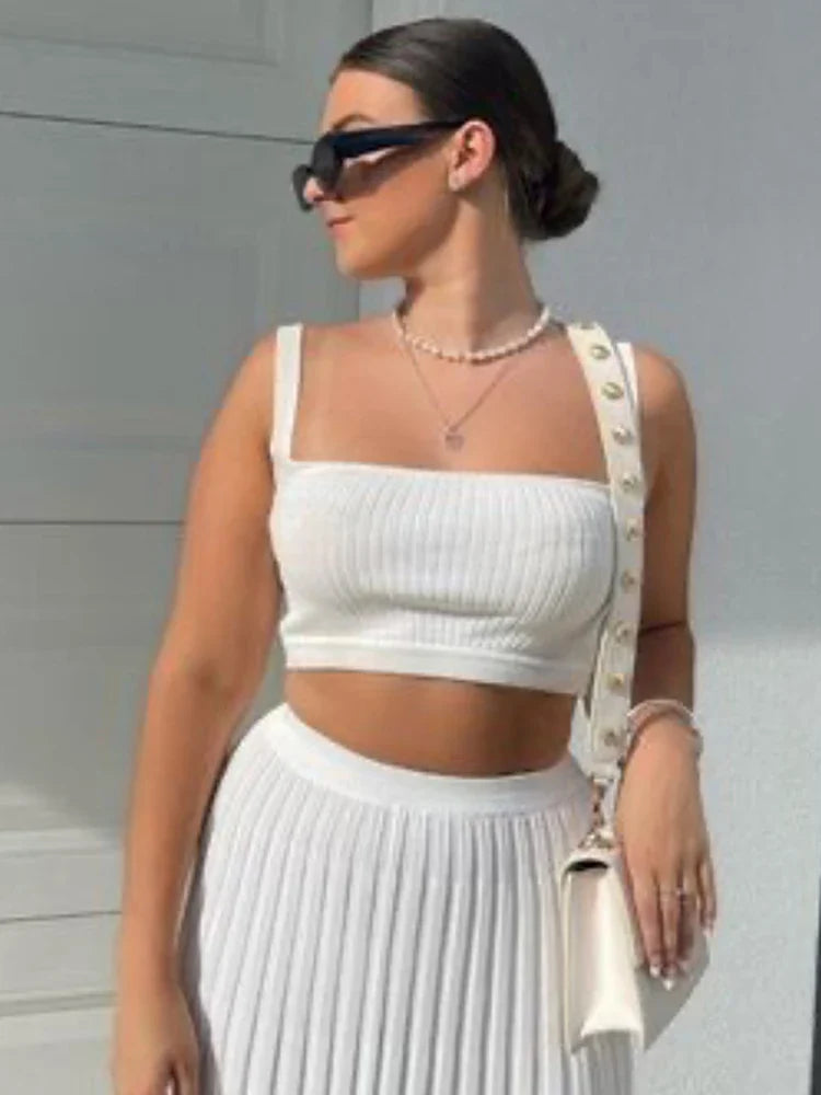 New White Knit Two Piece Women Sets Fall Ribbed Tank Top And Pleated Knitted Skirt Suits For Women Long Dress Sets Summer