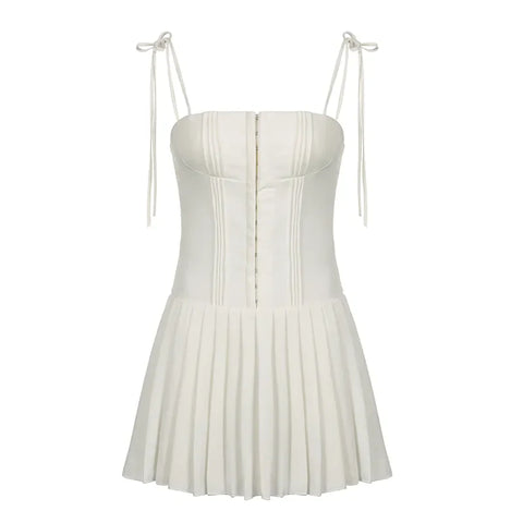 Party Holiday A-line Pleated Sleeveless Corset Dress White Buckle Up Lace-up Straps Chic Mini Dresses High Streetwear