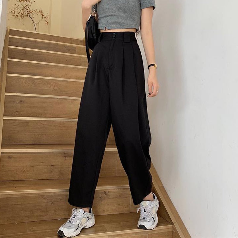 Fashion Loose Streetwear Women Wide Leg Pants Summer Elastic High Waist Suit Pants Retro Solid Black Female Trousers New S - 4XL