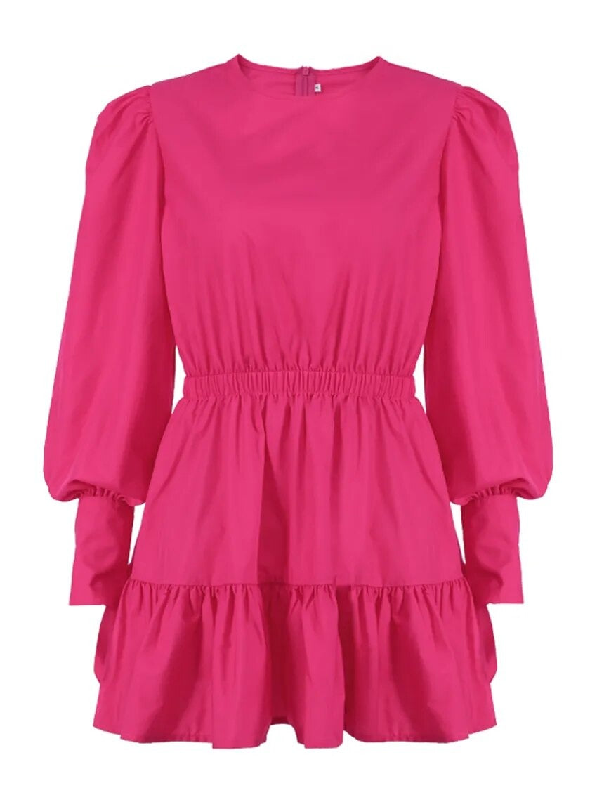 Sleeve High Waist A-Line Pleated Women'S Dress Casual O Neck Pink Mini Dresses Autumn Sexy Long Sleeve Robe