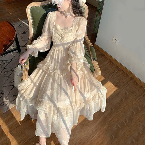 Medieval Romantic French Court Style Dress Womens Spring Flare Sleeve High Waist Elegant Female Dress Vintage Long Dresses