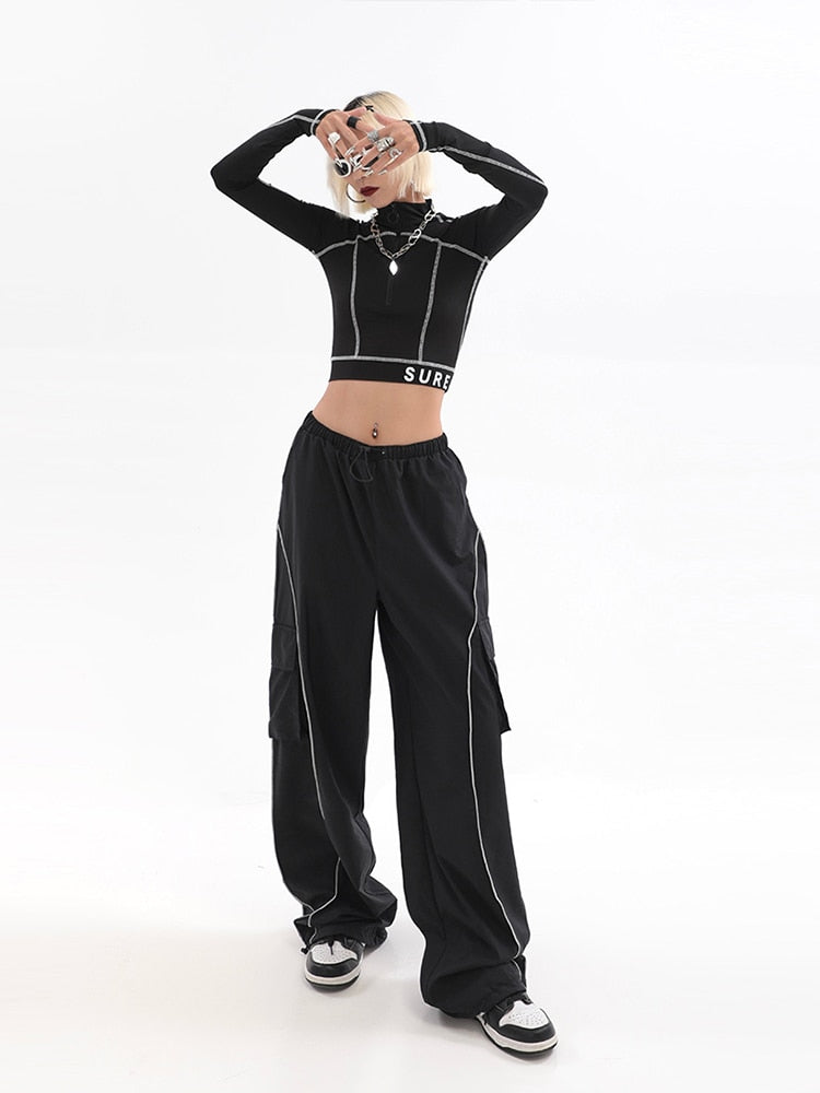 Drawstring Baggy Y2K Cargo Pants Women Low Waist Mopping Sweatpant Trousers Vintage Street Pockets Wide Leg Joggers Pant