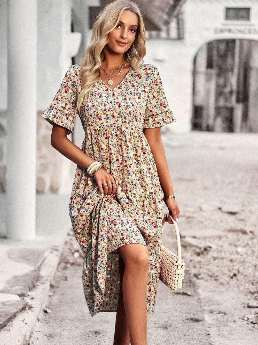 M Fashion V Neck Elegant Printed Dress  Women Summer Short Sleeve High Waist A Line Floral Holiday Dresses