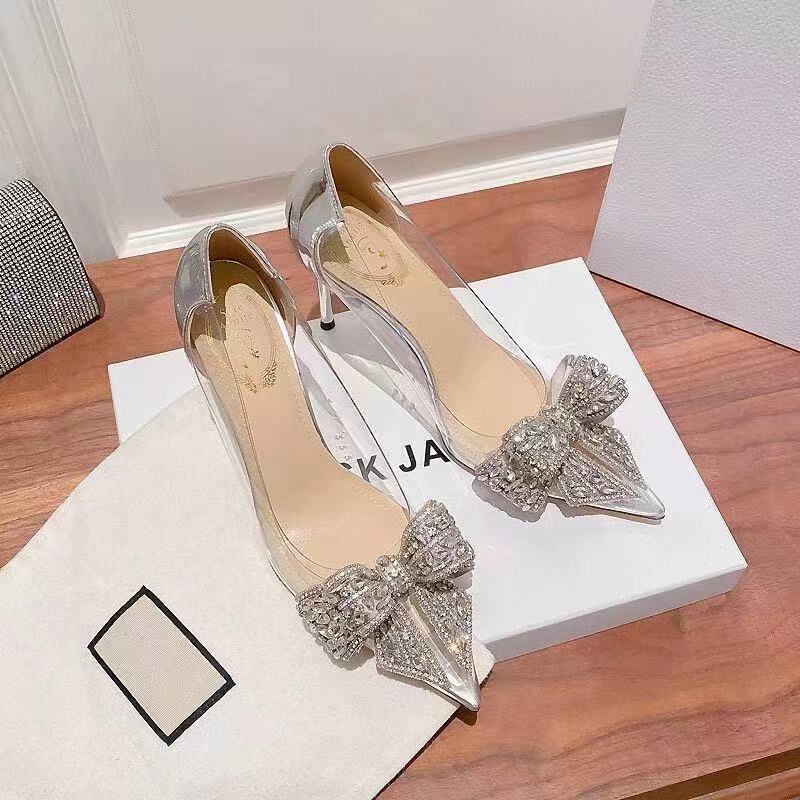 Pointed toe stiletto women's high heels women's shoes fashion women's shoes wedding shoes high heel 8cm transparent bow gemstone