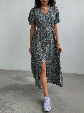 Boho French Style Flower Printed Dress Women V-Neck Elegant Lace-up Sundress Summer Elegantes Para Mujer Maxi Dress Vestido