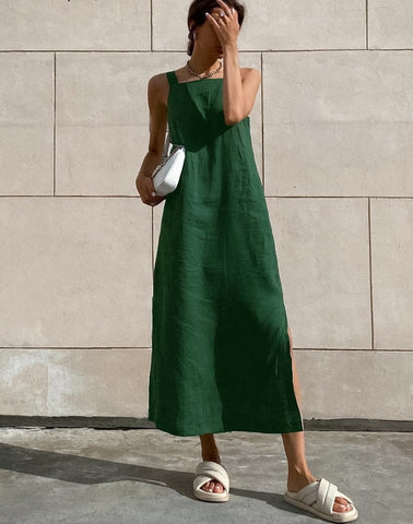 Green Tank Cotton Linen Dresses Sleeveless Straight Split Dress All-Match Midi Drape Dress Vacation Style Lady