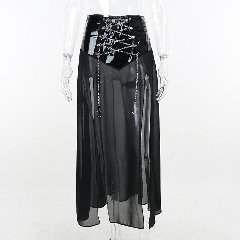 Grunge Punk Black Chain Lace Up Skirt Y2K Goth Harajuku Sexy Faux Fur Patchwork Split Long Skirts Summer Fashion Skirt