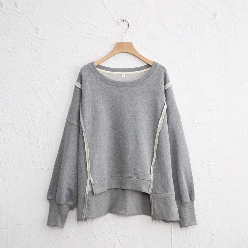 Oversized 100% Cotton Women Sweatshirts Long Sleeve Patchwork Open Side Streetwear Harajuku Pullovers Autumn Clothes For Women