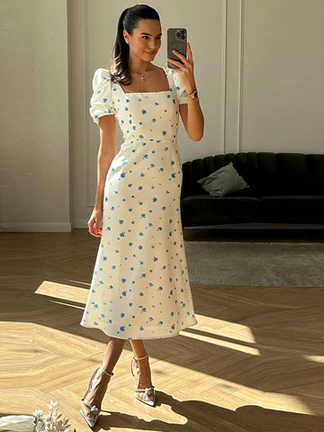 Women Fashion Printed Square Collar Midi Dress Elegant Puffy Short Sleeve Waisted Dresses Summer Ladies High Street Vestido