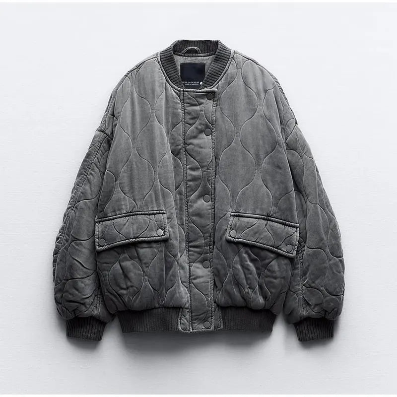 Grey Stand Collar Zipper Women Bomber Cotton Coat Lantern Sleeve Oversized Loose Pocket Jacket Autumn Winter Chic Outwears
