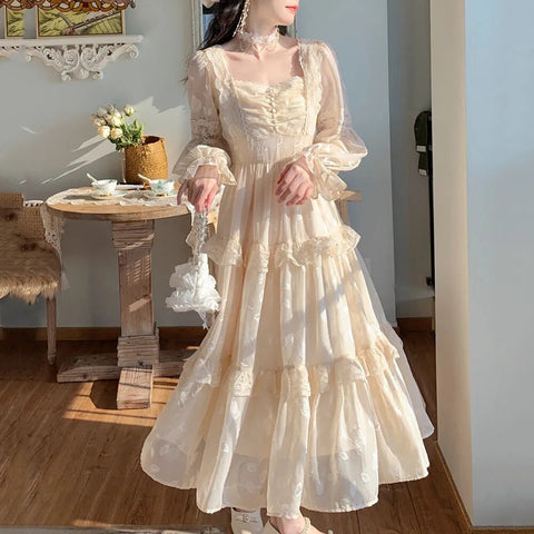 Medieval Romantic French Court Style Dress Womens Spring Flare Sleeve High Waist Elegant Female Dress Vintage Long Dresses
