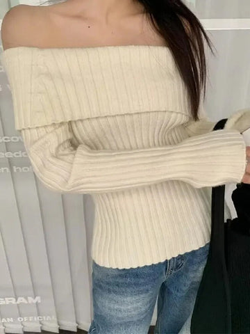 Autumn Winter Solid Color Rib Knitted Off the Shoulder Pullover Sweater Sexy Women Full Sleeve Slim Stretch Knitwear Jumper