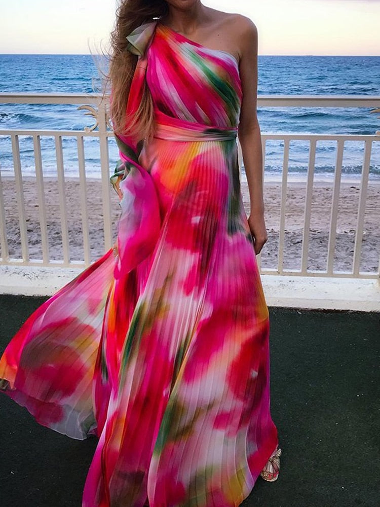 New Colorful Gradient Print Boho Holiday Dress Women Skew Collar Bow Long Party Dress Spring Summer Backless Pleated Beach Dress