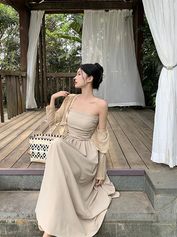 Summer New Hepburn Style Pure And Simple Pleated Temperament Long Skirt French Dress Fairy Skirt