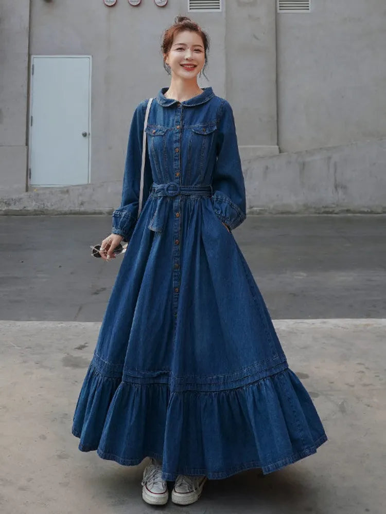 Dresses for Women Autumn Winter Fashion Versatile Women's Clothing French Retro Denim Robe Solid Large Skirt Hem Long Dress