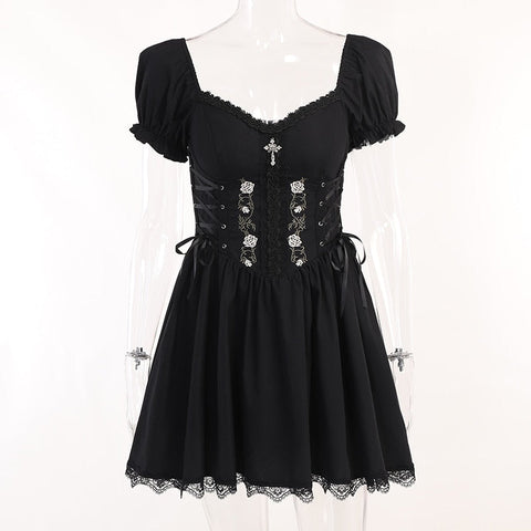 Gothic Sexy Black V Neck Lace Up Dress Y2K Aesthetic Grunge Punk High Waist Lace Trim Corset Dresses Ladies Party Dress