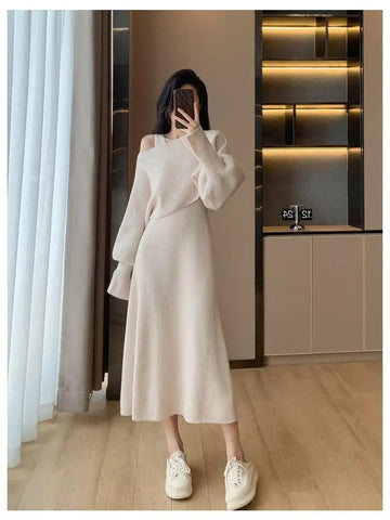 Autumn Winter Vintage Solid Long Sleeve Knitted Sweater Dress Women V Neck Slim Vest Dresses+ Lantern Sleeve Loose Tops Set