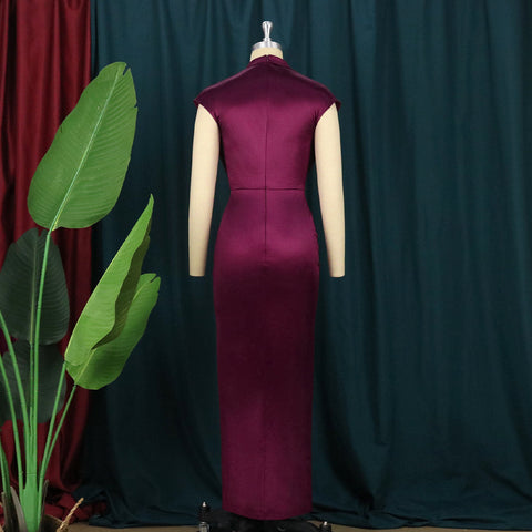 Pbong mid size graduation outfit romantic style teen swag clean girl ideas 90s latina aestheticWomen Dress Pleated Long Wine Red Elegant Slit High Collar Slim Fit Sleeveless Maxi Robes Female Shiny Gowns Party Spring