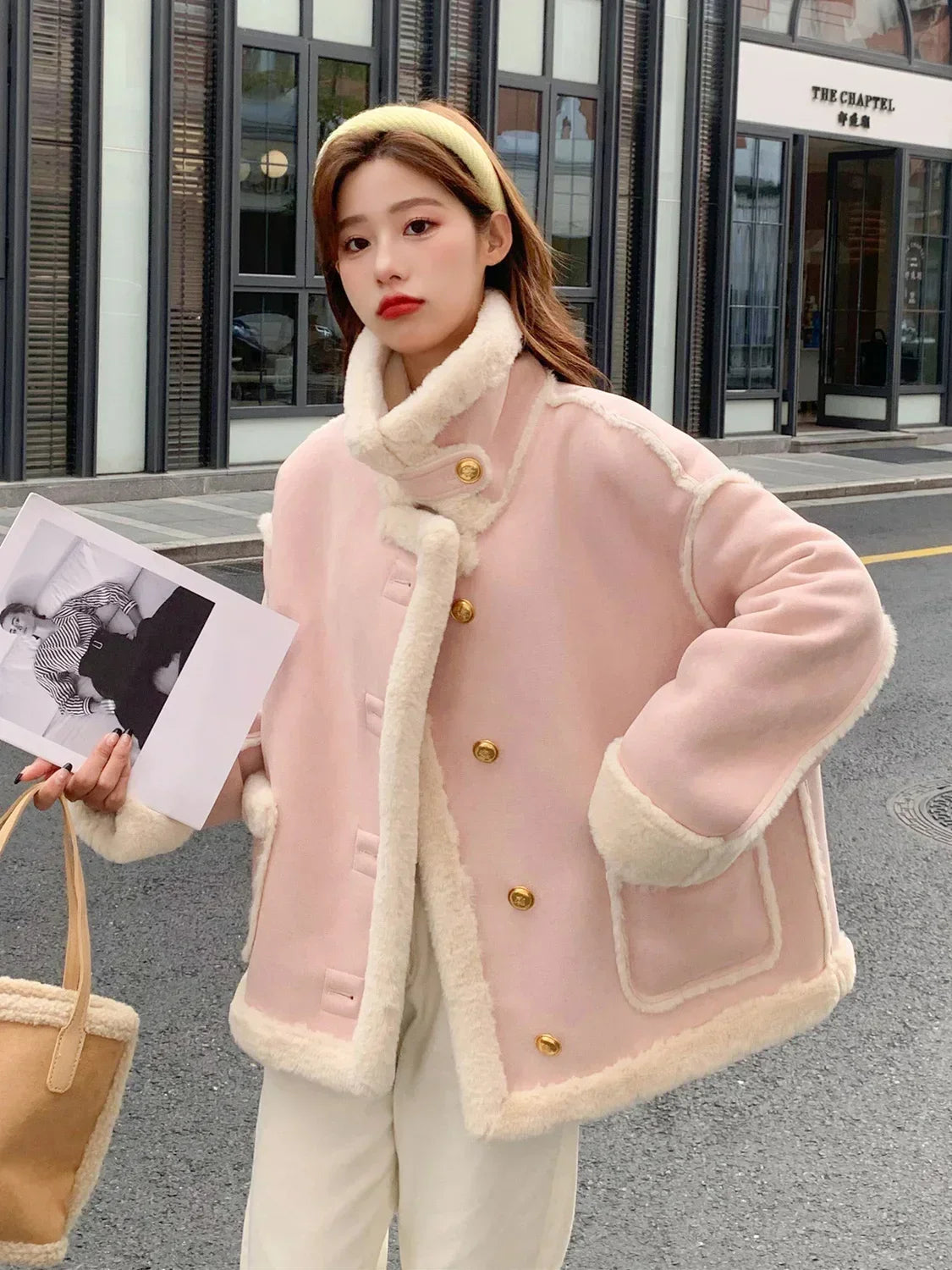 Pink Sherpa Cashmere Jacket Ladies Short Winter Fur Solid Color Loose Stitching Long Sleeve Small Korean Style Thickening New