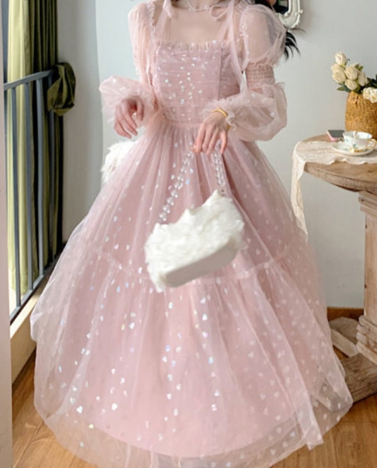 Lace Elegant Sequin Fairy Dress Women Pink Patchwork Vintage Party Midi Dresses Female Casual Sweet Princess Kawaii Dress