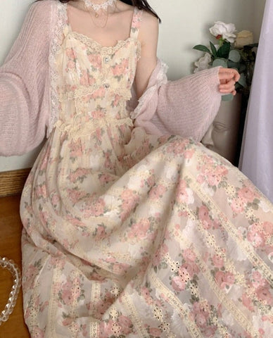 Chiffon Lace Strap Dress Women Floral Embroidery Fairy Vintage Long Dress Female Sweet Princess Casual Party Dresses Summer