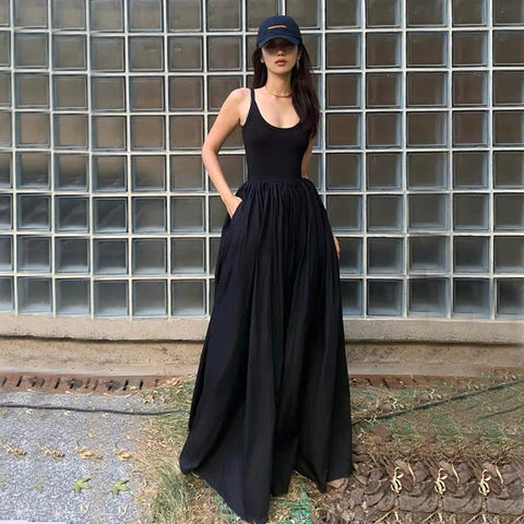 Style High Waist Sleeveless Midi Dress Women Summer Slim A Line Camis Dress Gothic Black Pleated Party Night Dress