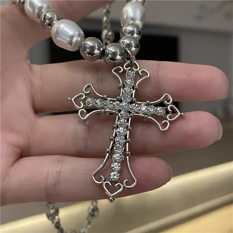 Punk Y2K Pearl Cross Pendant Necklace Hip Hop Retro Women Religious Zircon Chain Necklaces Girls Party Trendy Jewelry Gifts