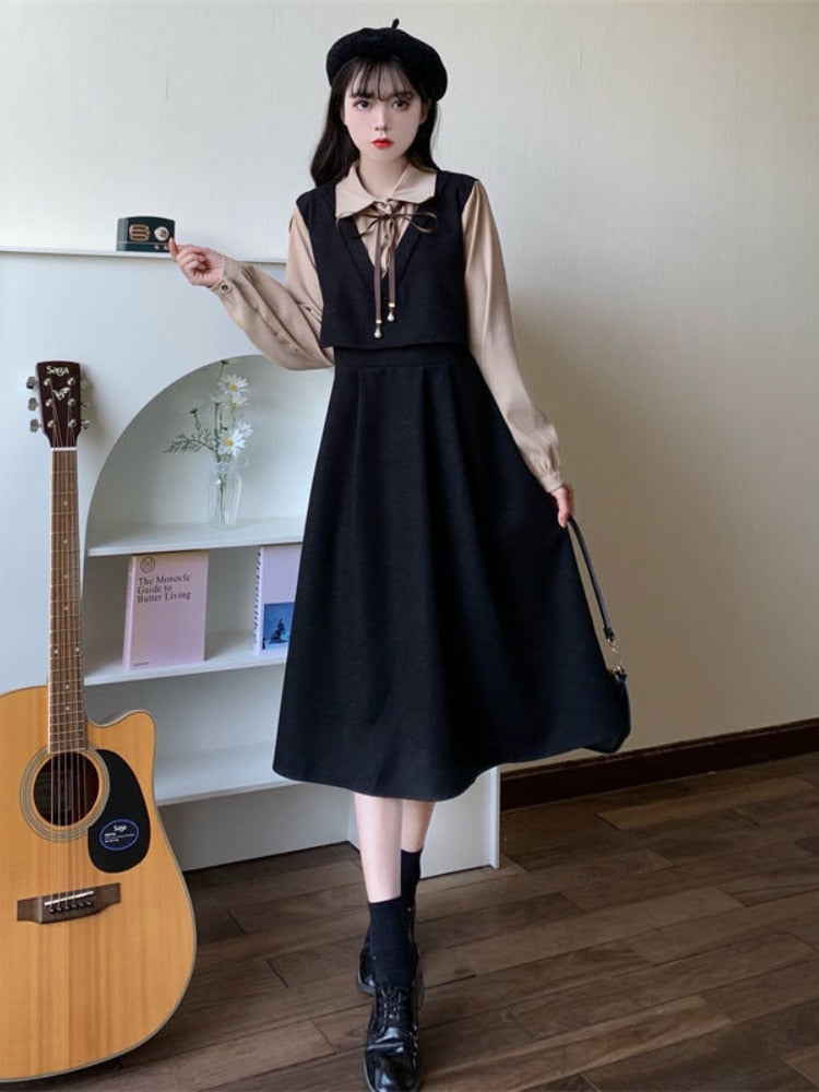 Elegant Vintage Long Dress Women Preppy Style Patchwork Long Sleeve Dresses Kawaii Peter Pan Collar Autumn Robe