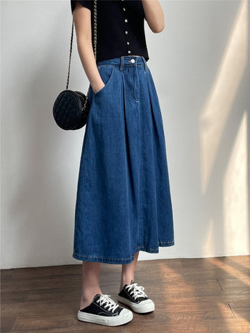 Spring Summer Denim Skirts Women Casual High Waist A-line Skirts Lady Loose Vintage Dark Blue Skirts