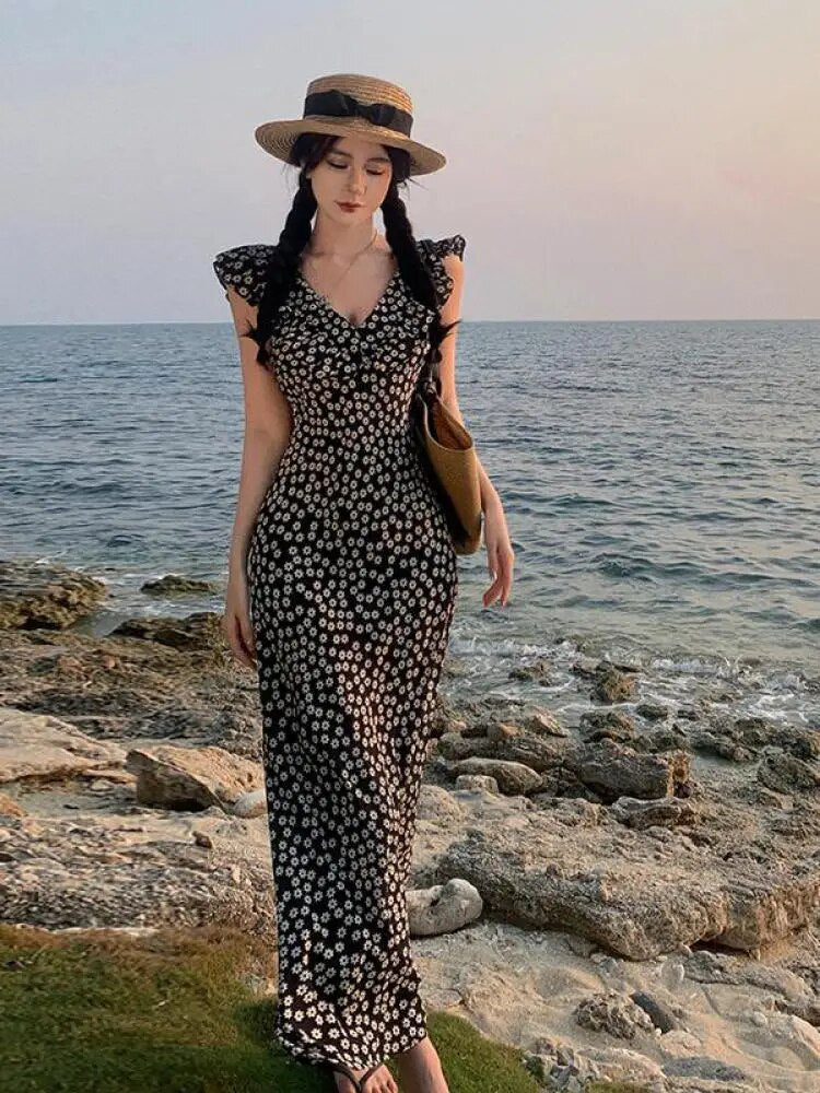 Elegant Women Black Little Daisy Print Vest Dress V Neck Bodycon Sleeveless Long Dresses Fashion Vestidos Summer Backless