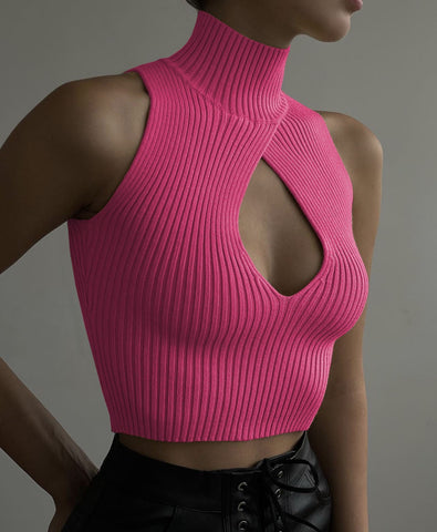 Sexy Cut Out Cropped Tops for Women Knitted Turtleneck Short Tank Tops  Sleeveless Slim Sweater Ladies Casual Vest