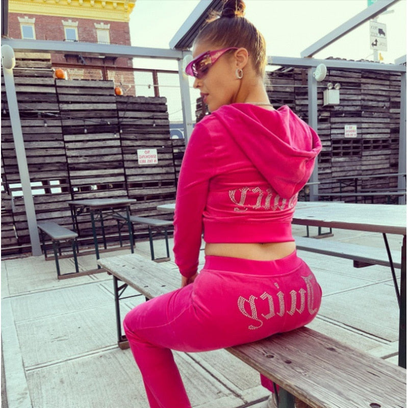 Chic Thin Velvet Autumn Juicy Apple Tracksuit 2 Pieces Set Hoodie Suit Women Velour Sweatshirt and Pants with Diamonds Y2K