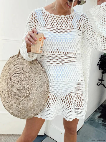 Women Long Sleeve Crochet Knit Mini Dress Colorful Bikini Cover Ups Dress Sexy Hollow Out Beach Tunic Dress