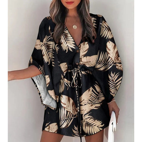 Summer Boho Mini Dress Women Flora Print Batwing Sleeve Lace-Up V Neck Loose Button Dresses Ladies Beach Party Dress Vestido