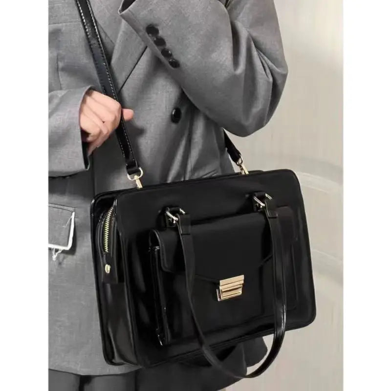 Vintage Black Shoulder Bag Briefcase Women Preppy Style Pu Leather Jk Handbag Ladies Large Capacity Casual Handbags Y2k