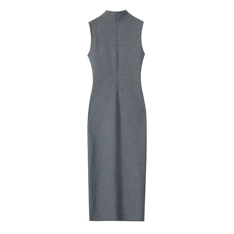 Elegant Women Solid Slim Dress Autumn New Female Simplicity Design Long Dress Fashion Rear Split Sleeveless Dress