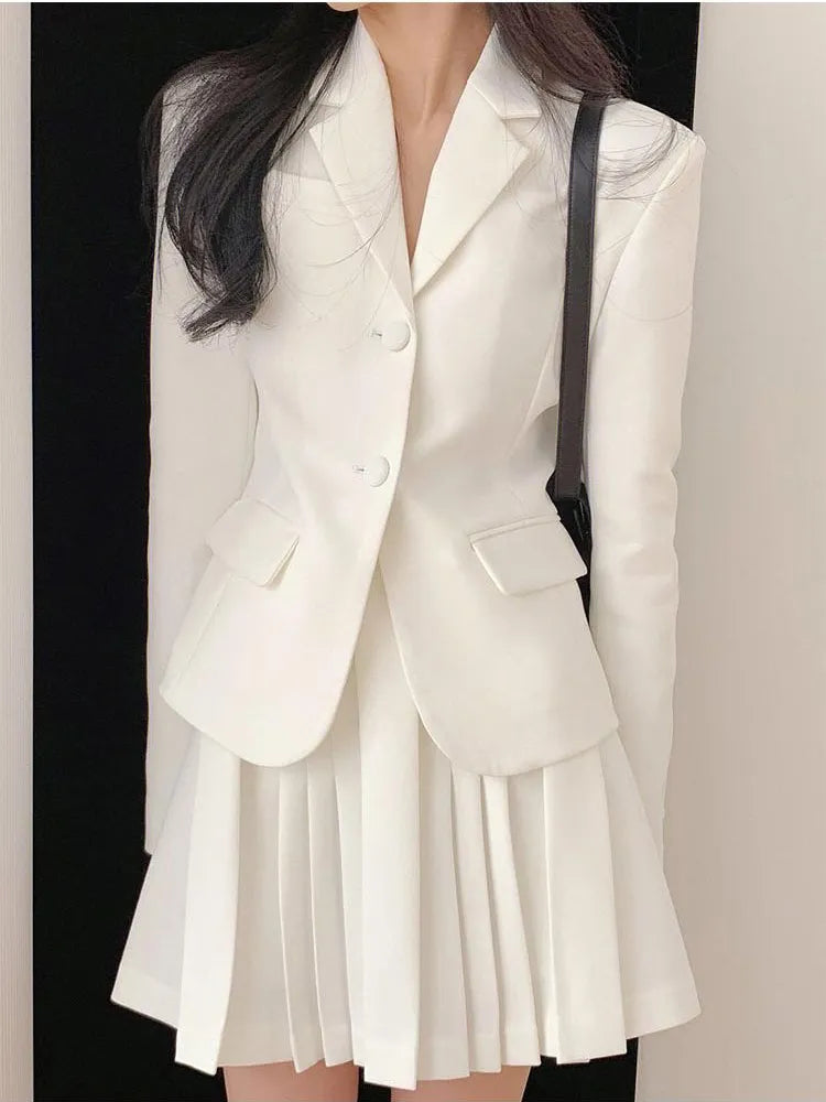 White Casual Blazer Mini Skirt 2 Piece Set Women Korean Fashion Single Breasted Jacket Pleated Dress Elegant Office Lady Suits