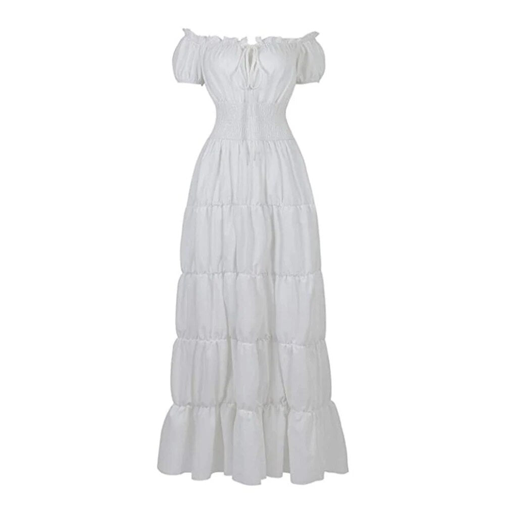 Elegant Medieval Renaissance Dress Boho Short Sleeves Off Shoulder Smocked Waist Retro Pleated Long Dress Costume Gown