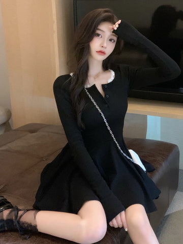 Black Wrap Dress Women Korean Style Bodycon Lace Long Sleeve Short Dresses Autumn Kpop Outfits Solid