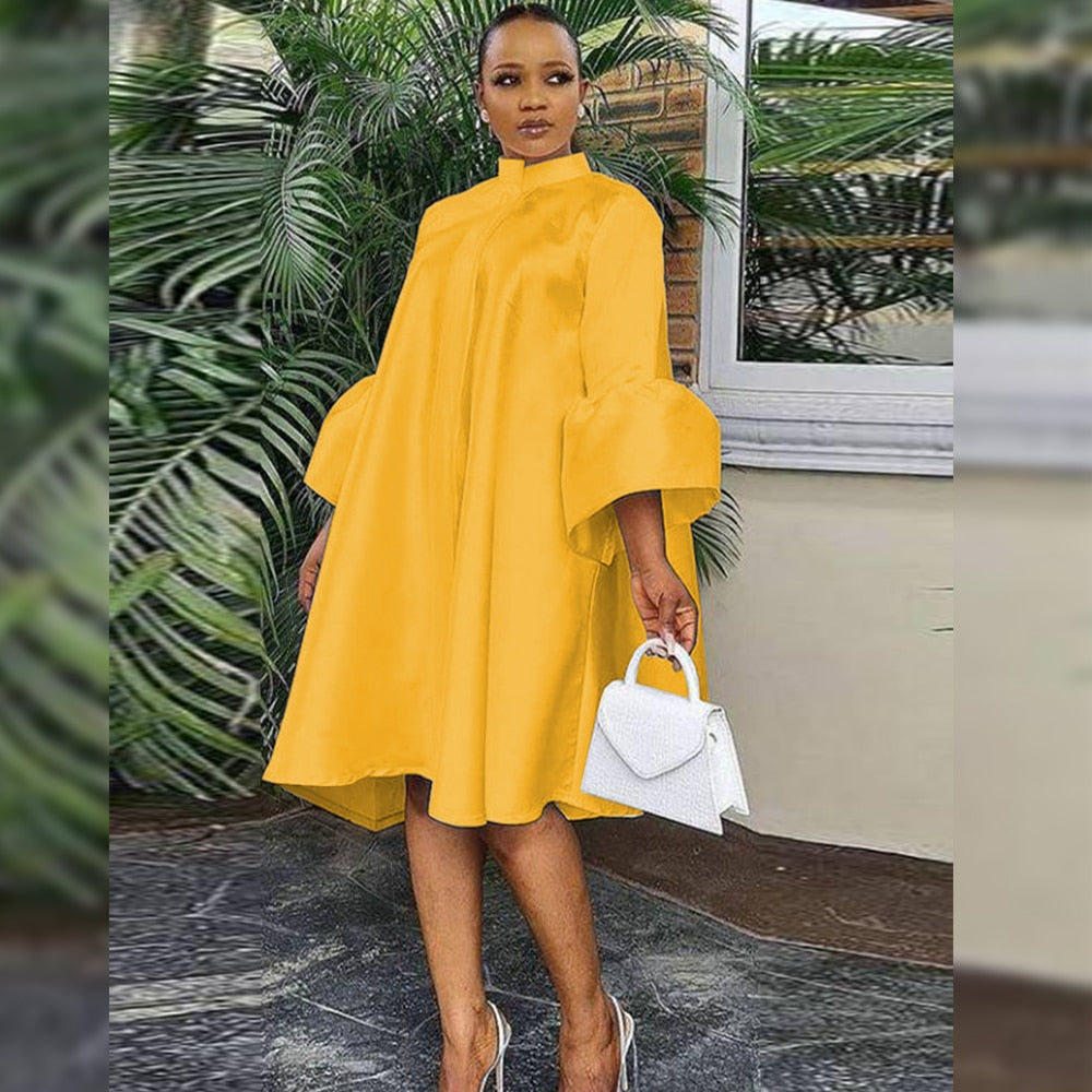 Pbong mid size graduation outfit romantic style teen swag clean girl ideas 90s latina aestheticWomen Loose Dresses Stand Collar Three Quarter Sleeves Oversized White Yellow Ladies Classy Summer Autumn Robes Gowns