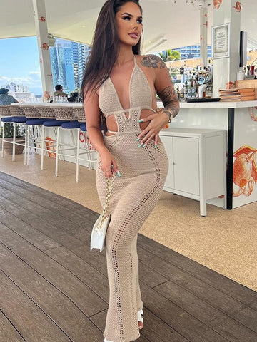 White Knitting Summer Sexy Two Piece Set Backless Top Bodycon Long Skirt Women Set Elegant Casual 2 Piece Set Women