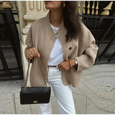 Elegant Woolen Trench Coat Winter For Women Vintage Windbreakers Jacket Loose Stand Collar Double Breasted Warm Wool Cardigan