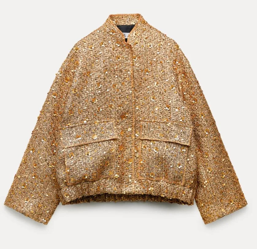 Fashion Gold Sequin O-neck Women Short Jacket Covered Button Long Sleeve Loose Elegant Coat Autumn farty Casual Lady Streetwears