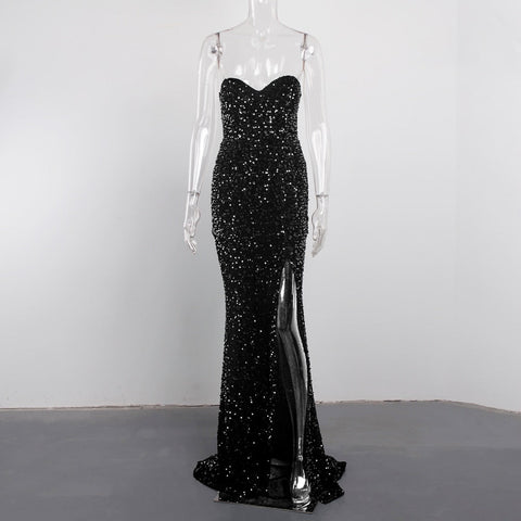 Sexy Split Sleeveless Stretch Sparkle Sequin Floor Length Party Dress Strapless Padded Bodycon Mermaid Maxi Dress Black