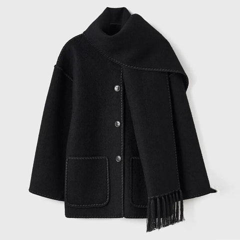 Fashion Loose Wool Coat With Scarf Women Elegant Pockets Long Sleeve Warm Jacket Lady Winter Single Breasted Thick Outwear