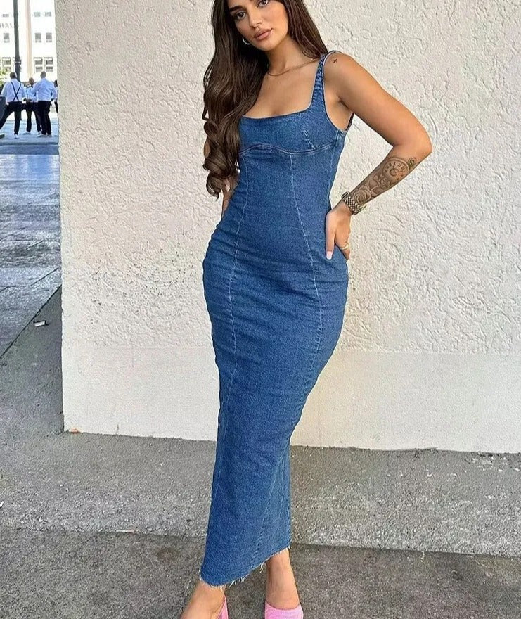 Summer Women's Retro Denim Dress Fashion Square Collar Sleeveless Open Back Zipper Slim Female Slit Mid-length Dress