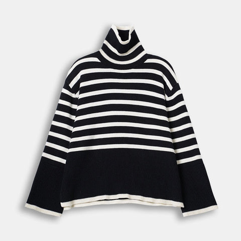 Winter Women's Long Sleeves Knit Sweater Turtleneck Striped Print Loose Pullover Tops  Autumn Oversized Sweater