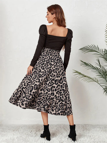 High Waist Leopard Midi Skirt For Women Casual Boho Printed Long Tulle Skirt Ladies Autumn New Chiffon A-line Skirt